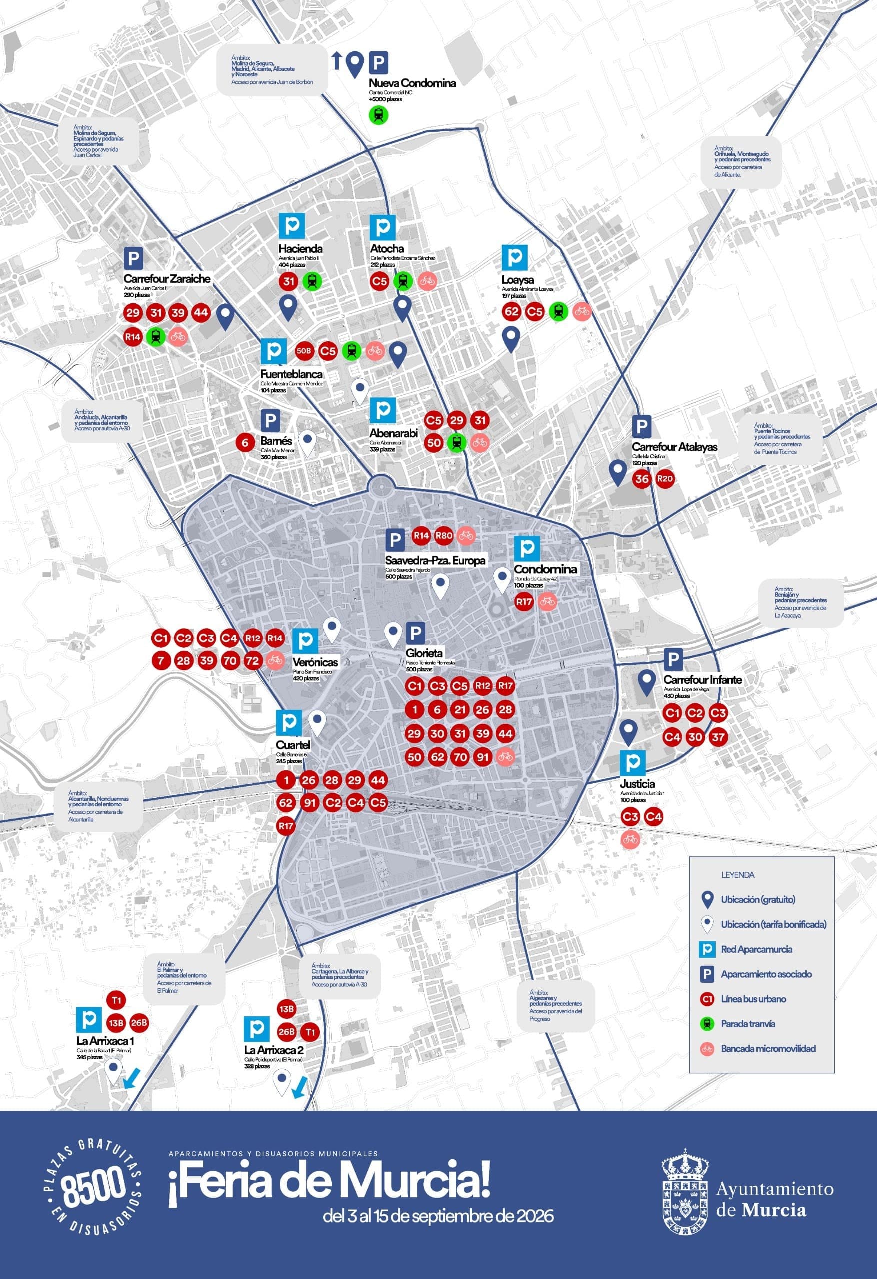 Plano del Ayuntamiento de Murcia con los 18 aparcamientos y disuasorios de la Feria de Murcia 2026, sus líneas de bus urbano, las paradas de tranvía y los corredores de entrada a la ciudad.